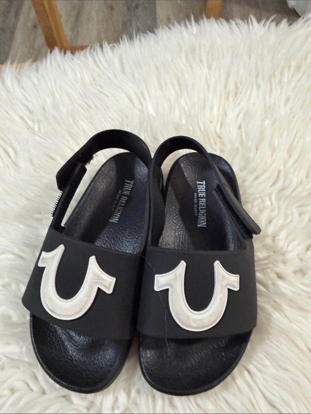 True Religion Black Sandals with White Signature Horseshoe